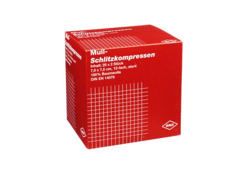 SCHLITZKOMPRESSEN Mull 7,5x7,5 cm steril 12fach – PZN 07574460 (PZN 07574460)